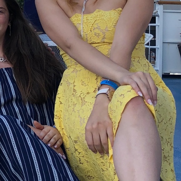 French Yellow Lace Overlay A-line Dress - Picture 5 of 8